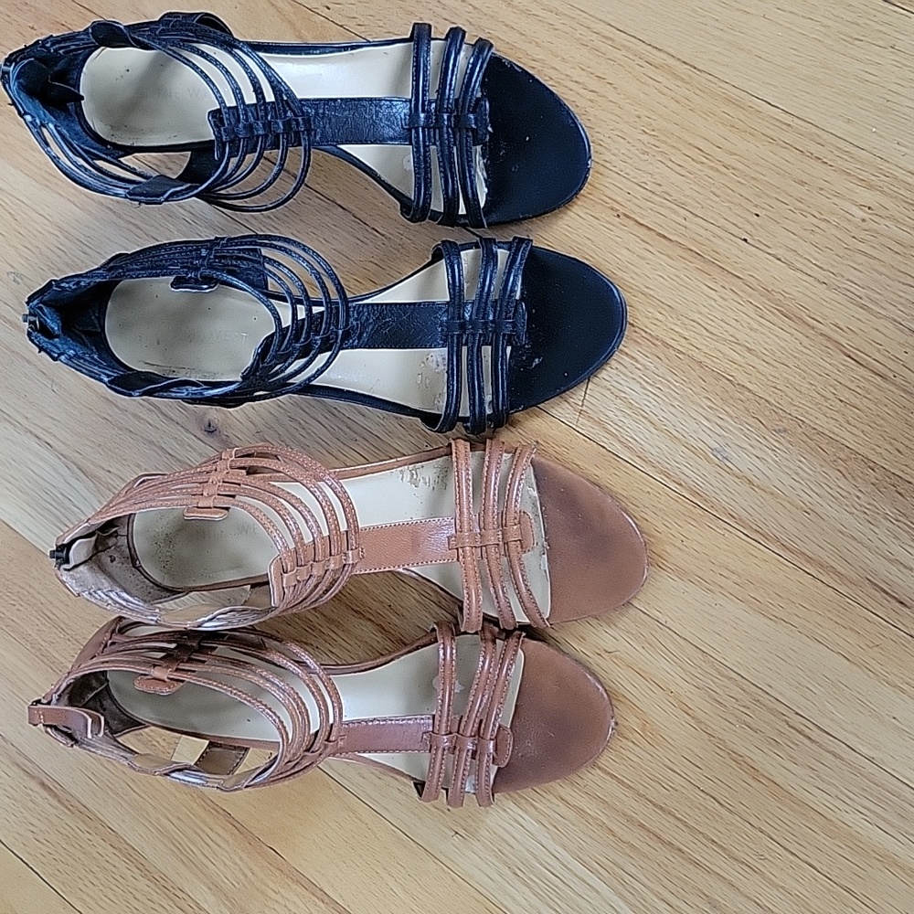 Nine West 2 pairs size 8 1/2, 3" heel ankle open sandal/bootie saddle &  black